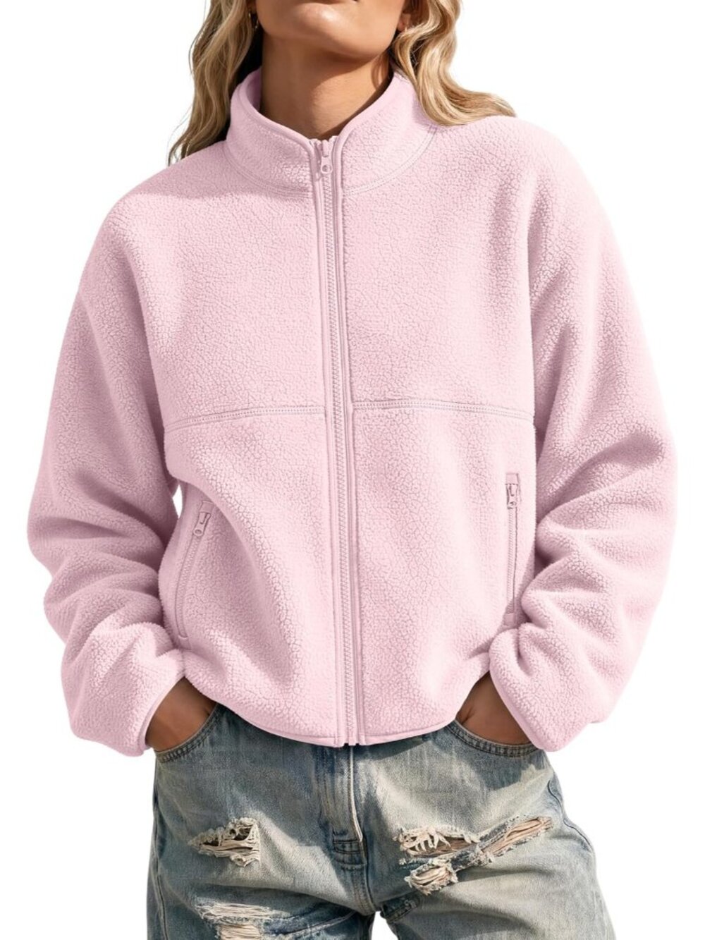 Womens Pink Fleece Mock Neck Cuff Sleeve Zipper Pockets Classic Sherpa Jackets